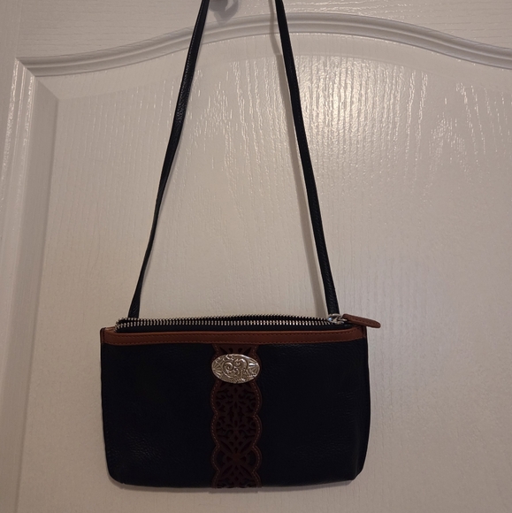 Brighton Handbags - Brighton Gypsy Lace Navy Blue and Brown Crossbody Bag with Silver Emblem